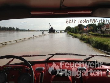 Person im Rhein bei Hochwasser Ausblick vom LF-16-TS